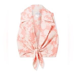 MIGUELINA pink floral cropped linen halter tie top